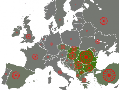 A cigányok Európában (halványzöld > 5%, zöld > 10%)