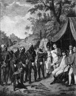 A fekete karibok (garifunák, azaz garinagu) tárgyalnak a britekkel Saint Vincent szigetén, 1773-ban