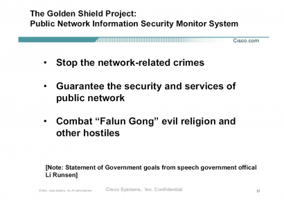A kiszivárgott Cisco-bemutató egyik diája. A harmadik sor fordítása: „a Falun Gong gonosz vallás és más ellenséges elem elleni fellépés”. (Az egész bemutatót a képre kattintva nyithatja meg a Wired oldaláról)