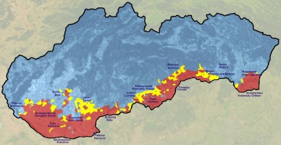 A magyar kisebbség Szlovákiában (sárga: 10% felett, piros: 50% felett)