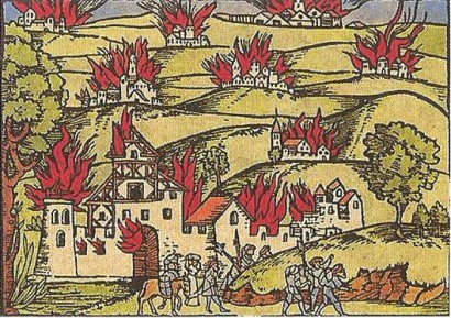 A magyarok Sankt Gallen-i pusztításának ábrázolása egy 16. századi metszeten