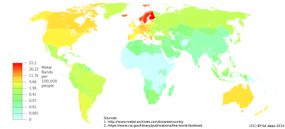 A metálzenekarok sűrűsége a világban (a százezer főre jutó együttesek száma)