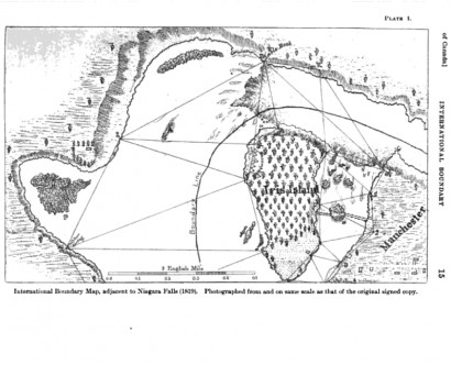 A Niagara-vízesésnél megállapított nemzetközi határ 1819-ben. Jól látszik a Table Rock, a Lópatkó-vízesés, az amerikai oldal vízesései, a Kecske-sziget (akkori nevén Iris Island) s az Egyesült Államokban levő Manchester városa, mely ma a Niagara Falls nevet viseli