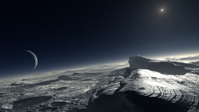A Pluto felszíne: a távolban a Nap