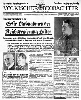 A Völkischer Beobachter Hitler 1933. január 31-i hatalomátvétele kapcsán történelmi napról írt
