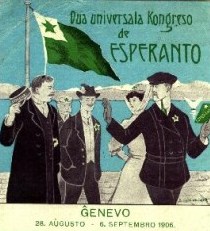 Az 1906-os genfi eszperantó világkongresszust propagáló kép: a kongresszus résztvevői elutasítják a tolmácsot, hiszen ők már beszélnek eszperantóul