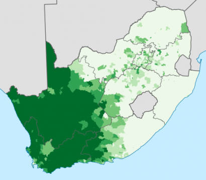 Az afrikaans elterjedtsége (első nyelvként) Dél-Afrikában – 2011
