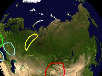 Az Altaj (piros), az Urál (sárga), az indoeurópai őshaza feltételezett helyei (kék) és a Kárpát-medence (zöld)