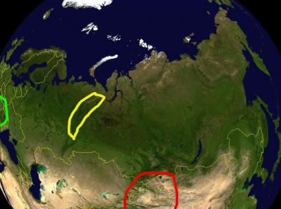 Az Altaj (piros), az Urál (sárga) és a Kárpát-medence (zöld)