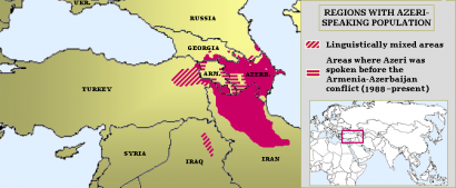 Az azeri nyelvterület (átlós csíkozás: vegyes, vízszintes csíkozás: az 1988-ig azeri nyelvű terület)