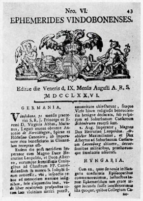 Az Ephemerides Vindobonenses címlapja