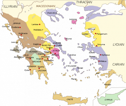 Az ógörög nyelvjárásai (barna: dór, sárga: aiol, szürke: ión, lila: attikai, zöld: árkádiai-ciprusi)
