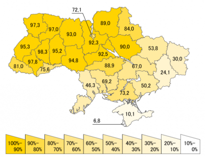 A magukat ukrán nemzetiségűnek vallók százalékos aránya (2001)