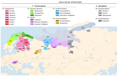 Az uráli nyelvek egy pontosabb térképe. A FU3 jelöli a hantit