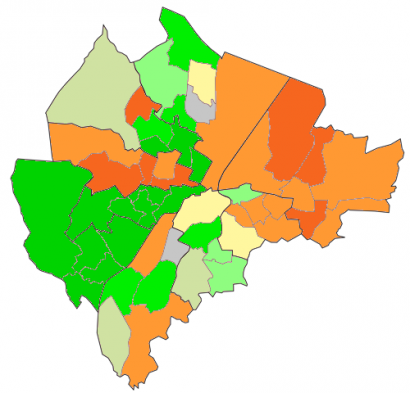 Belfast vallási térképe (a zöld katolikus, a narancs protestáns többséget jelez)