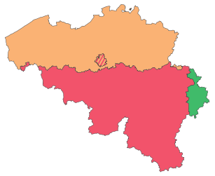 Belgiumi közösségek (narancs: flamand, piros: vallon, zöld: német, csíkos: Brüsszel)