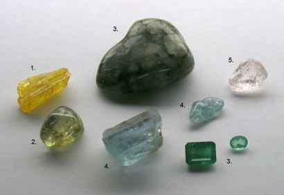 Berillváltozatok: 1. arany berilkristály, 2. heliodór 3. smaragd 4. akvamarin 5. morganit