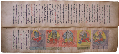 Egy ojrát írásos, színes képekkel illusztrált asztrológiai témájú kézirat két oldala.