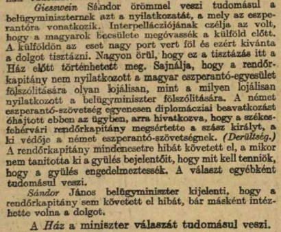 [Giesswein Sándor reakciója Sándor János belügyminiszter válaszára – Az Ujság, 1913. december 21.