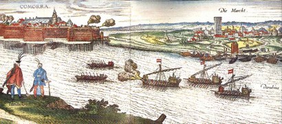 Hajdúk és hajók egy Komáromot ábrázoló metszeten – 1597–1598