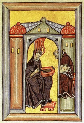 Hildegard von Bingen isteni kinyilatkoztatás hatására diktál írnokának – a rupertsbergi kézirat ábrázolása