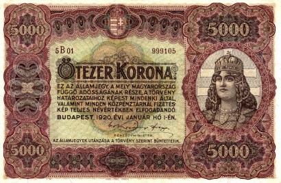 Hunniát megszemélyesítő nőalak az 1920-as 5000 koronás bankjegyen