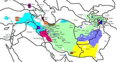 Iráni nyelvek ma: türkiz – kurd, zöld – perzsa, kék – pastu, sárga – beludzs