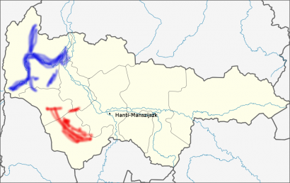 Kékkel az északi manysi, pirossal a keleti manysi nyelvjárásterület egykori területe