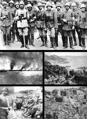 Képek a Gallipoli-frontról. A felső képen Musztafa Kemal is látható