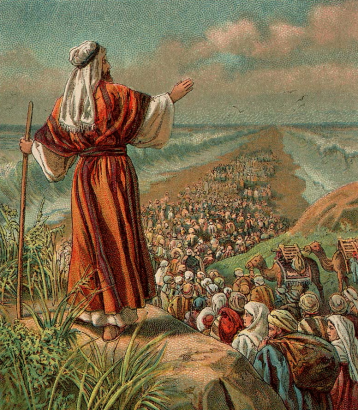Kivonulás Egyiptomból, múlt századi amerikai bibliaillusztráció.
