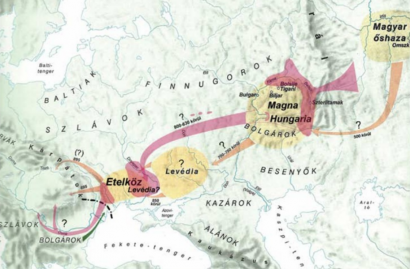 Magna Hungaria helye a régészeti (rózsaszín) és a történeti (sárga) adatok alapján