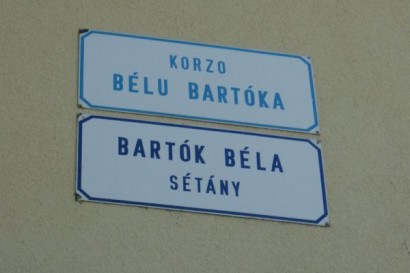 Magyar hírességről elnevezett utca kétnyelvű táblája Dunaszerdahelyen