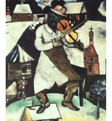 Marc Chagall: A hegedűs (1912) – háttérben a stetl