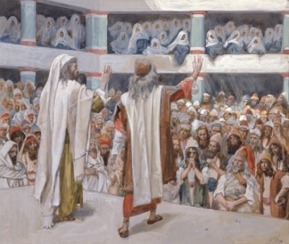 Mózes és testvére, Áron a néphez szólnak. Tissot francia festő alkotása