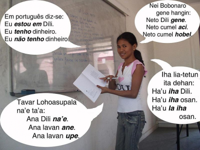 Négy timori nyelv egy nyelvkönyvben: portugál, bunak, tetum és fataluku. 
