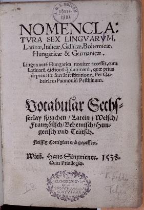 Pesti Gábor (Bécs, 1538) hatnyelvű fogalomköri szótárának címlapja. Forrás: a szerző 