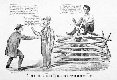Rasszista amerikai karikatúra 1860-ból, farakással