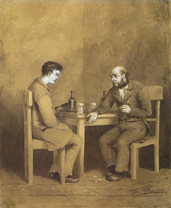 Raszkolnyikov és Marmeladov beszélgetése Mihail Petrovics Klodt 19. századi képén