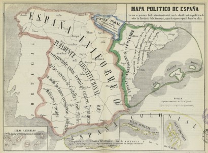 Spanyolország politikai térképe 1852-ből, ahol jól látszik, hogy az egykori Aragón Királyság területei (így Katalónia) „bekebelezett vagy asszimilált” jelzőt kapnak