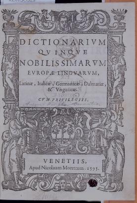 Verancsics Faustus (Velence, 1595) ötnyelvű szótárának címlapja. Forrás: a szerző